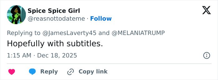 User comment on social media about Melania Trump new documentary, expressing hope for subtitles.
