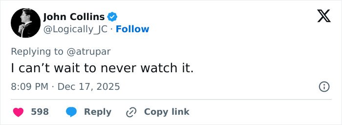 Tweet from John Collins expressing he can’t wait to not watch Melania Trump’s new documentary, posted in 2025.