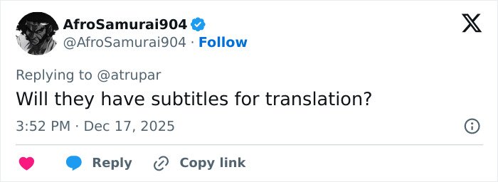 Tweet screenshot showing user AfroSamurai904 asking if Melania Trump’s new documentary will have subtitles for translation.