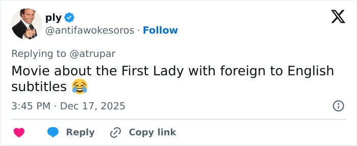Twitter post discussing reactions to Melania Trump’s new documentary with humor about subtitles and the First Lady.