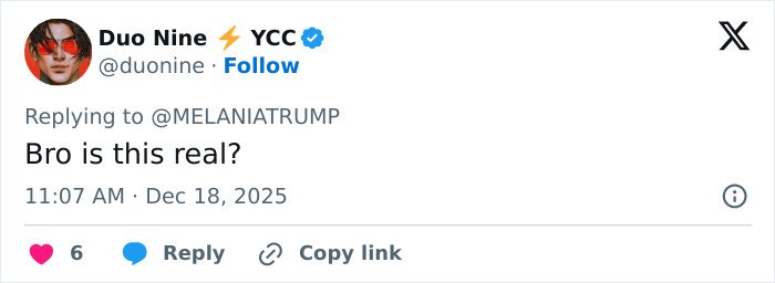Screenshot of a tweet reacting with surprise to Melania Trump’s new documentary, showing public response online.