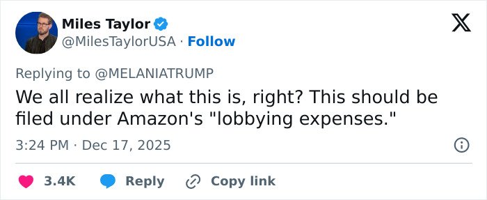 Tweet from Miles Taylor criticizing Melania Trump’s new documentary, mentioning Amazon’s lobbying expenses.