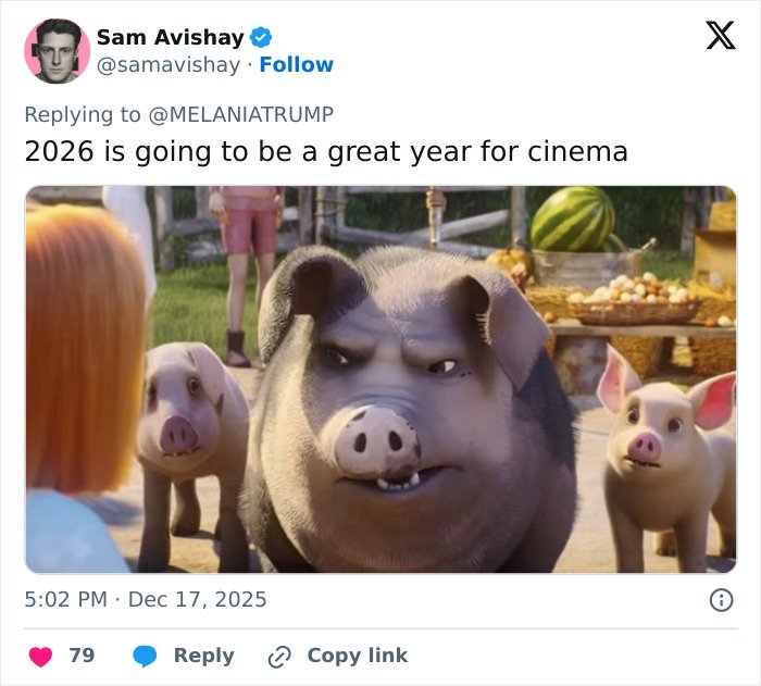 Alt text: Animated angry pig character with two piglets and a person, related to Melania Trump documentary reactions.