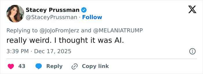 Screenshot of a tweet mentioning Melania Trump’s new documentary with a comment about AI confusion.