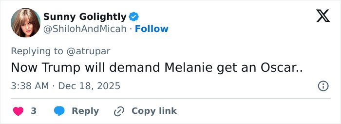 Screenshot of a tweet reacting to Melania Trump’s new documentary, mentioning Oscar demands and public opinions.