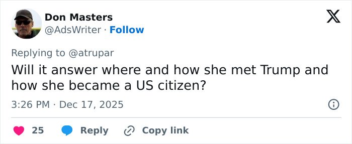 Screenshot of a social media comment questioning details about Melania Trump's new documentary and her citizenship.