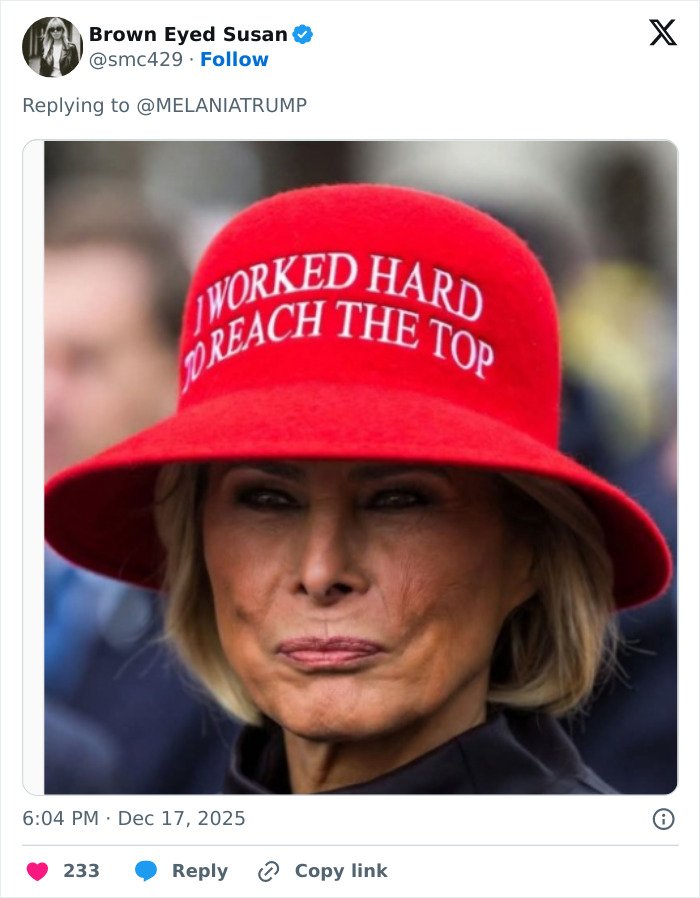 Woman wearing a red hat with text, captured in a social media post about Melania Trump’s new documentary reactions.