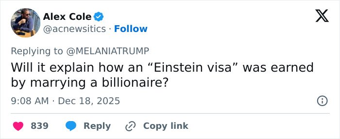 User tweet questioning how an Einstein visa was earned by marrying a billionaire amid Melania Trump documentary discussion.