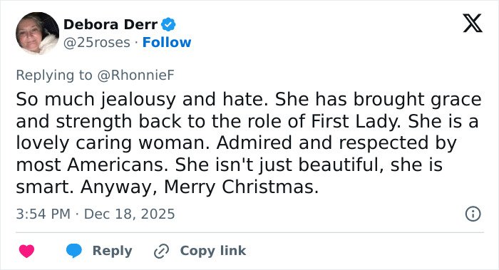Screenshot of a Twitter comment praising Melania Trump’s grace and strength as First Lady amid her new documentary.