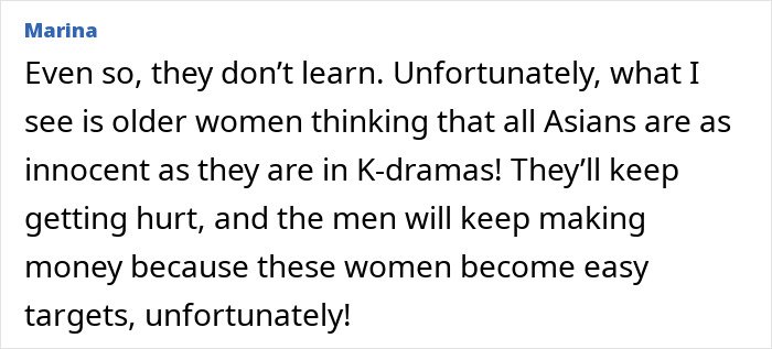 Comment from user Marina expressing concerns about older women and K-drama-style dating sites promoting intimate encounters with Koreans.