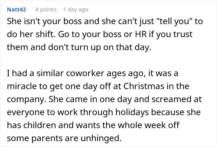 Comment discussing a coworker thinking she is entitled to Christmas day off because of her kids and work holiday struggles.