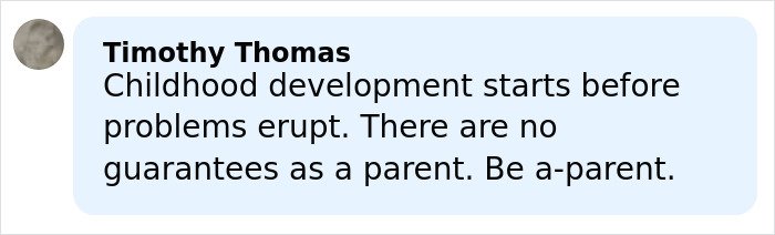 Comment by Timothy Thomas about childhood development and parenting advice in a social media post format.