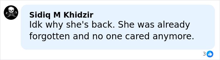 Comment on social media criticizing celebrity comeback, shown with user profile icon and text bubble.