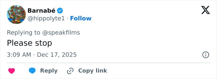Tweet from Barnabé on social media reading please stop in response to a discussion about Timothée Chalamet arrogance.