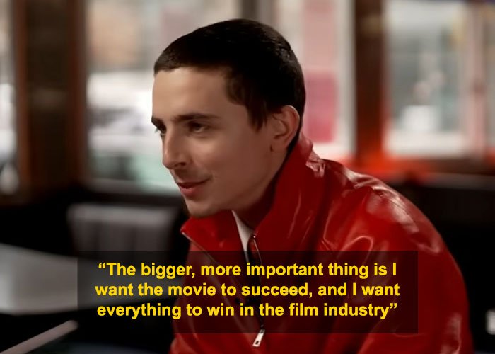 Timothée Chalamet in a red jacket during an interview criticized for arrogance and embarrassing remarks in the film industry.
