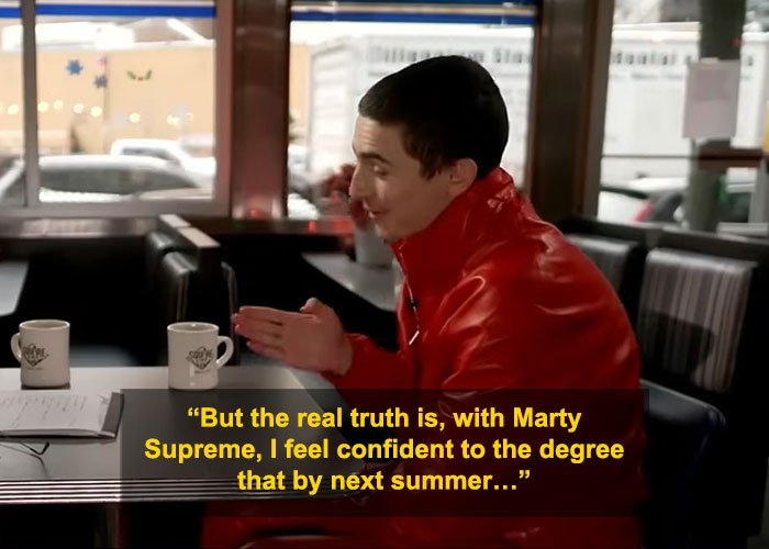 Timothée Chalamet in a red jacket during an interview, facing criticism for perceived arrogance and embarrassing moments.