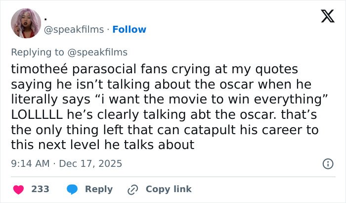 Tweet discussing Timothée Chalamet's perceived arrogance and controversy over his comments about Oscar success in an interview.
