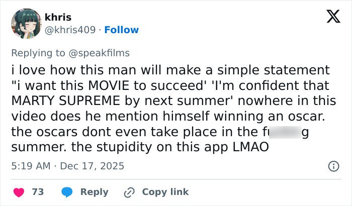 Tweet criticizing Timothée Chalamet for perceived arrogance and embarrassment following an interview about a movie.