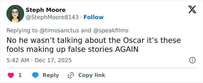 Screenshot of a tweet denying false stories after Timothée Chalamet was criticized for arrogance in an interview.