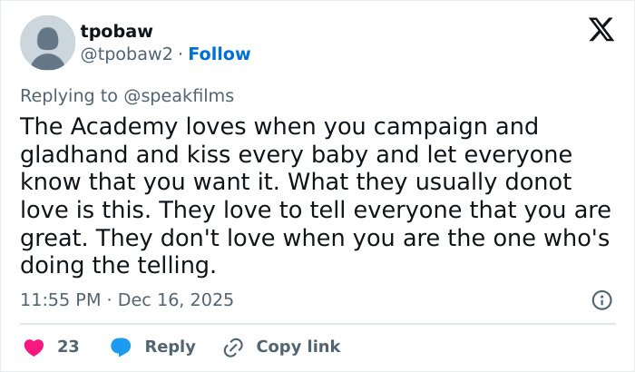 Screenshot of a tweet criticizing Timothée Chalamet's arrogance following an embarrassing interview controversy.