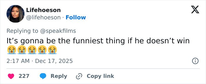 Tweet from user Lifehoeson reacting to Timothée Chalamet’s interview amid backlash over perceived arrogance.