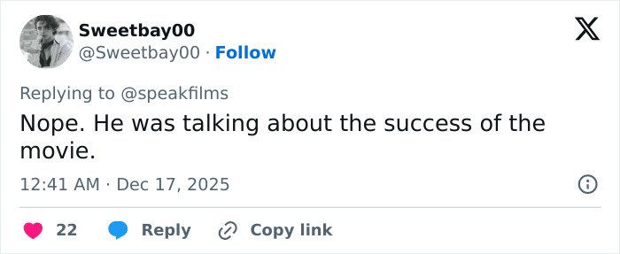 Screenshot of a tweet about Timothée Chalamet being criticized for arrogance after an embarrassing interview.