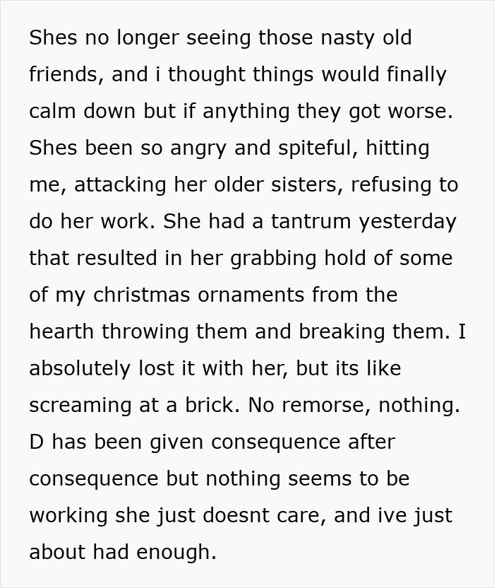 Text about mom struggling to handle 7-year-old's tantrums and breaking Christmas ornaments as punishment debate.
