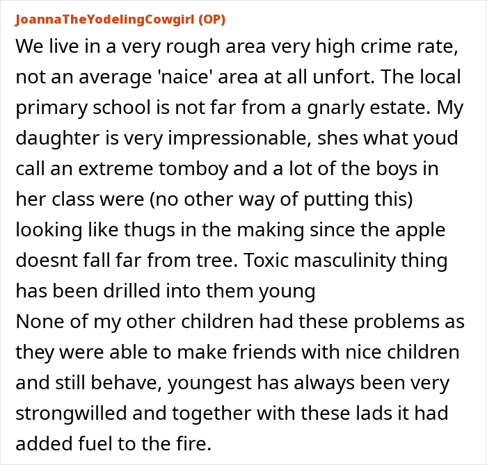 Text post from a mom struggling with her 7-year-old&rsquo;s behavior, discussing discipline and parenting challenges online.