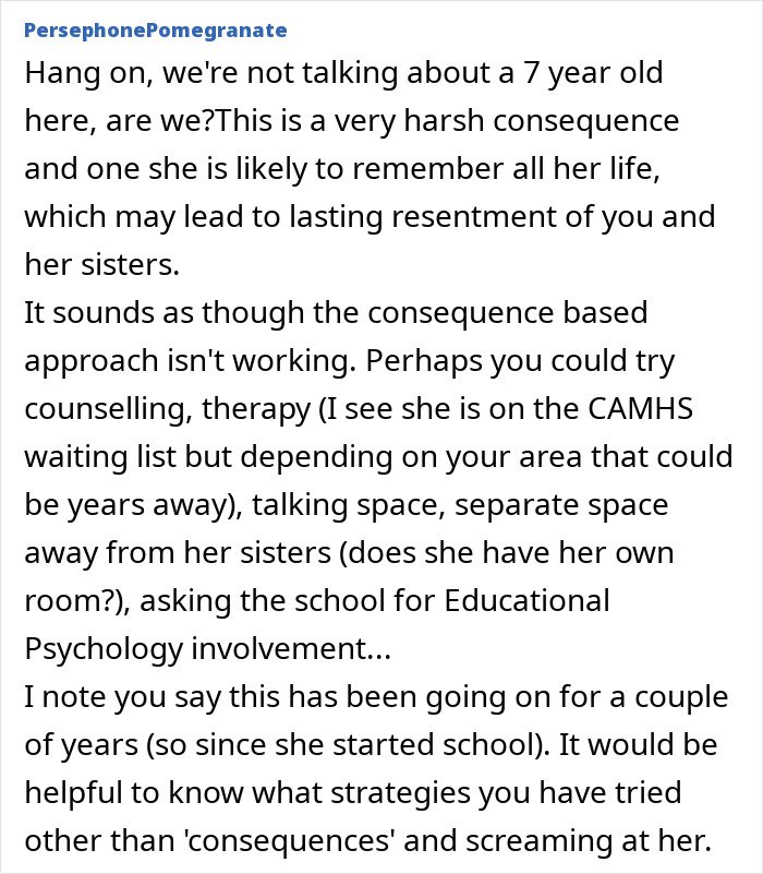 Comment discussing a mom&rsquo;s harsh punishment for a 7-year-old and suggesting therapy and counseling advice.