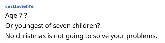Screenshot of an online comment discussing a 7-year-old and the punishment of no Christmas gifts, with online disagreement visible.