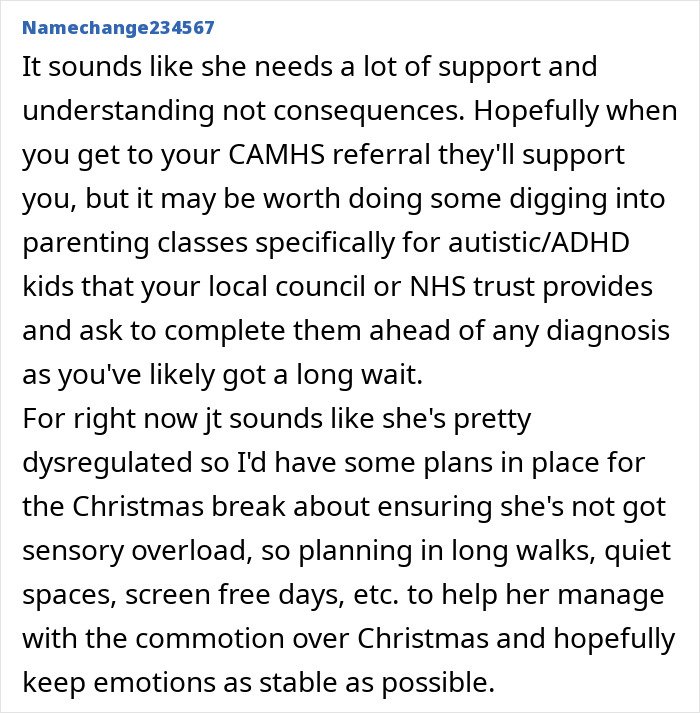 Comment suggesting support and understanding over punishment for managing a 7YO, related to Christmas gifts and parenting challenges.