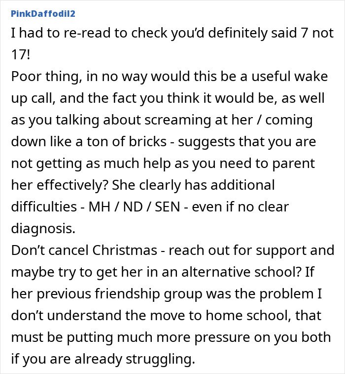 Screenshot of an online comment discussing a mom struggling to handle her 7-year-old and punishing with no Christmas gifts.