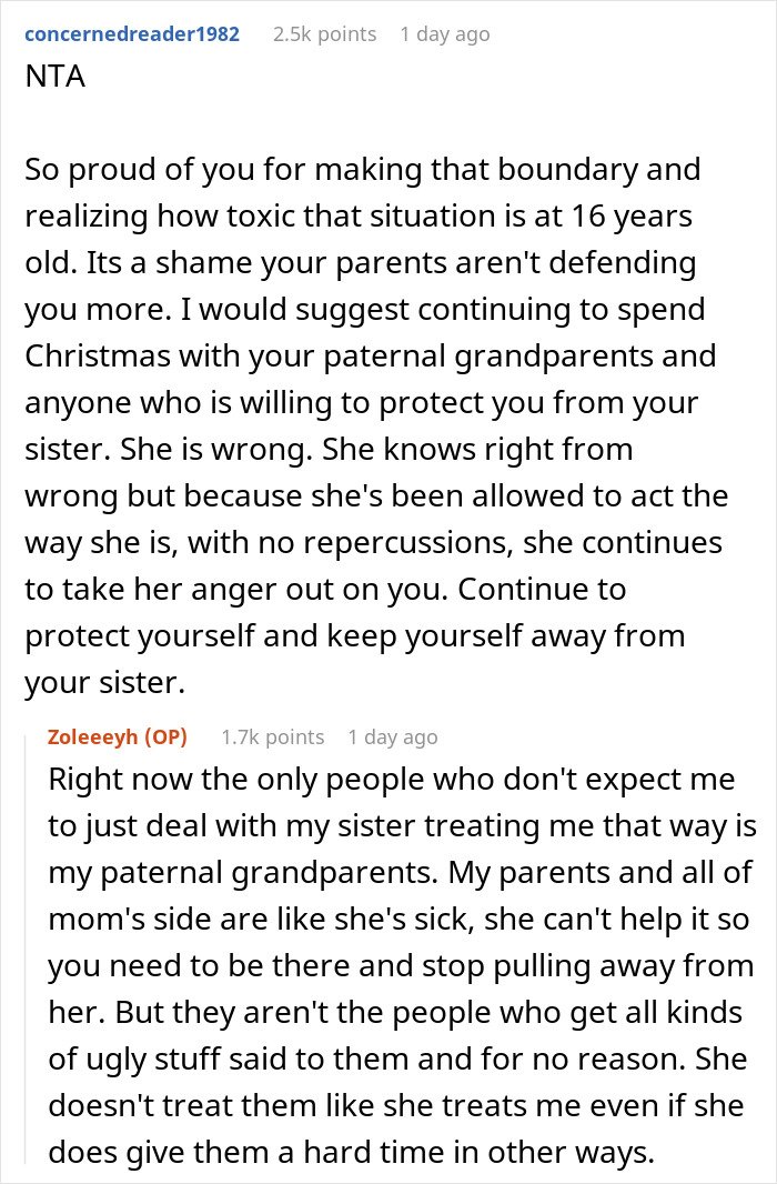 Reddit conversation about a woman threatening her sister&rsquo;s life and parents wanting them to reunite for Christmas.