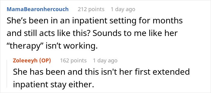 Online conversation about woman threatening sister&rsquo;s life, ongoing inpatient therapy, and family wanting them to reunite for Christmas.
