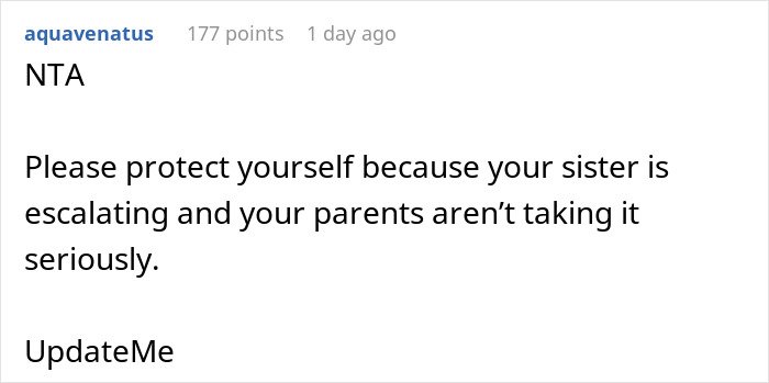Comment warning about sister threatening life and parents wanting them to reunite for Christmas, urging protection.