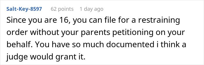 Text comment on a screen discussing filing a restraining order with documented evidence for protection between sisters.