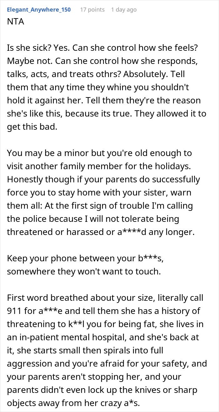Comment text discussing family conflict with a woman threatening her sister&rsquo;s life and parents wanting them to reunite for Christmas.