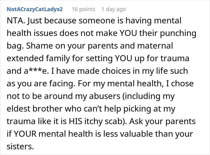 Comment discussing mental health challenges and family trauma amid woman threatening sister&rsquo;s life before parents seek reunion.