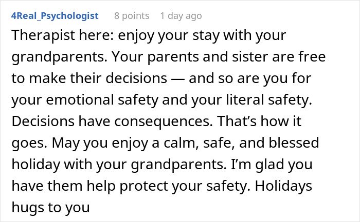 Comment on family conflict and emotional safety discussing woman threatening sister&rsquo;s life and parents wanting reunion.