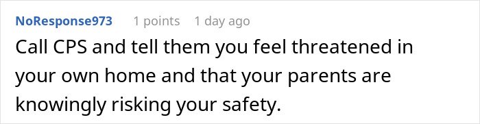 Comment text warning about feeling threatened at home and parents risking safety before woman is taken away in family dispute.
