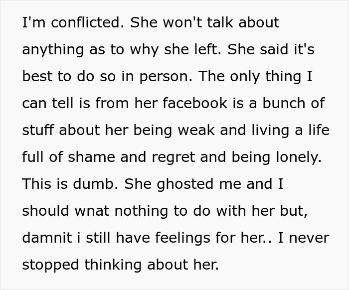 Text expressing conflicted feelings after fianc&eacute; disappears, showing regret, loneliness, and unresolved emotions years later.