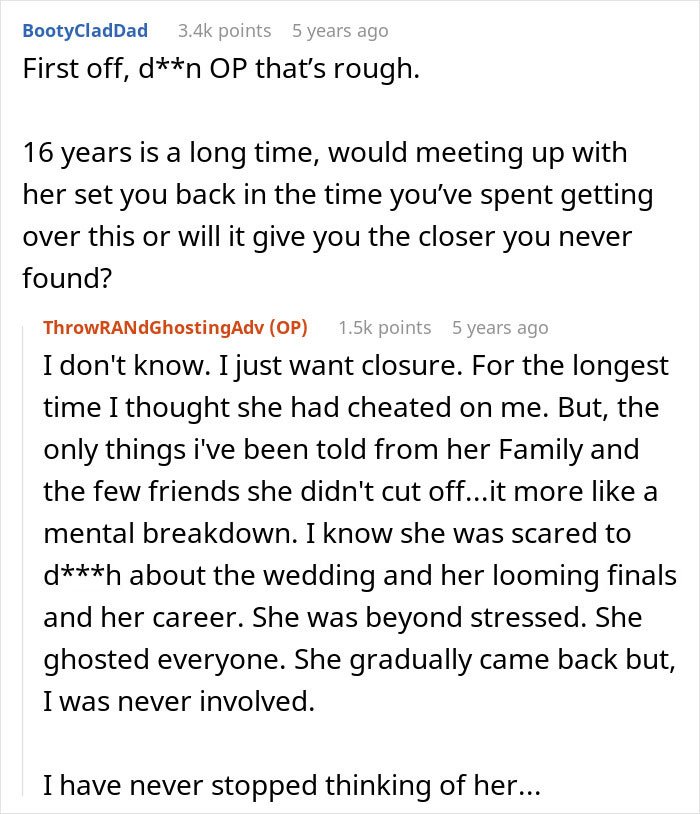 Reddit user shares story about man left without closure after fianc&eacute; disappears before wedding then hears from her 16 years later.