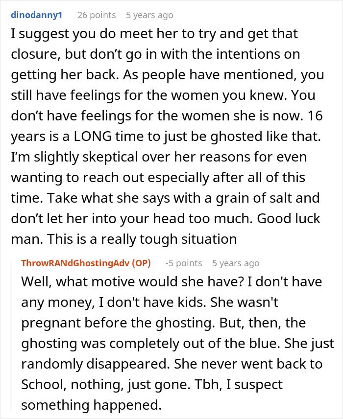 Screenshot of a Reddit conversation about a man left without closure after his fianc&eacute; disappeared and then contacts him 16 years later.