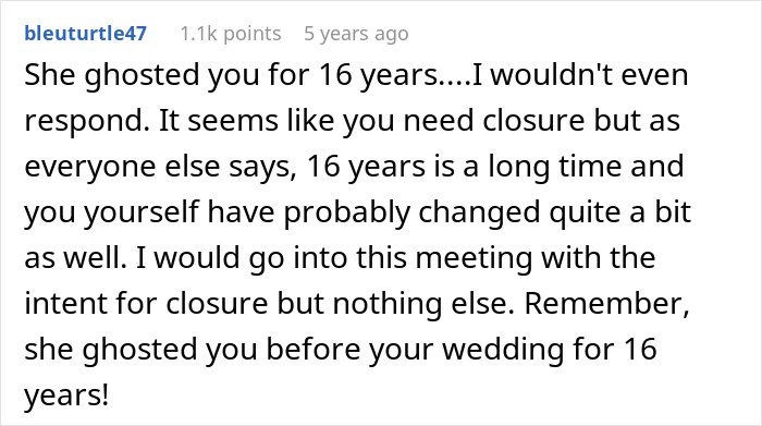 Comment discussing a man left without closure after fianc&eacute; disappears before wedding, then hears from her 16 years later.