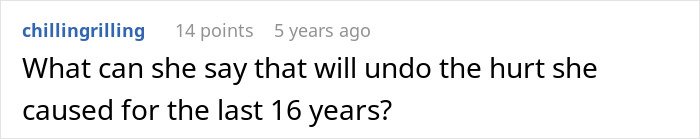 Comment reading what can she say that will undo hurt caused over 16 years, relating to man left without closure after fianc&eacute; disappears.