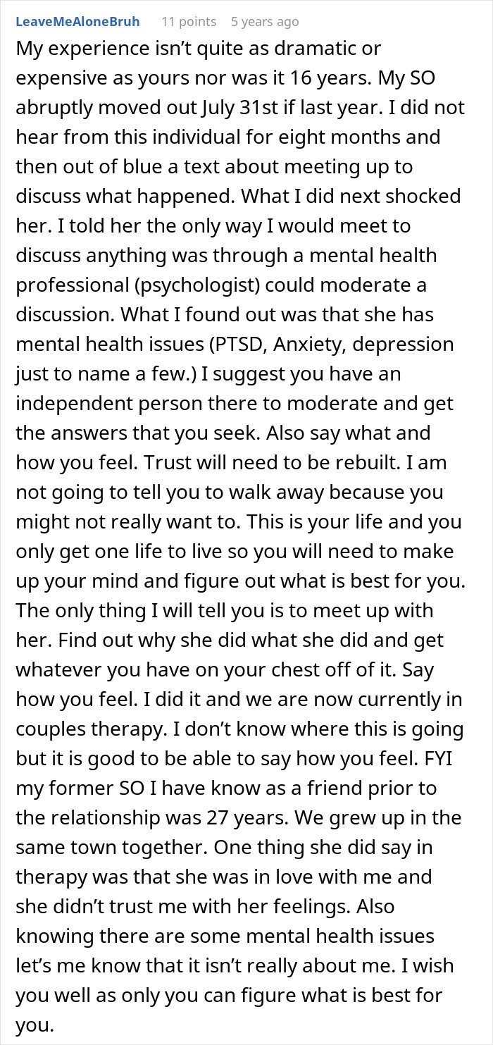 Comment sharing experience of a man left without closure by fianc&eacute; who disappeared and contacted him years later.