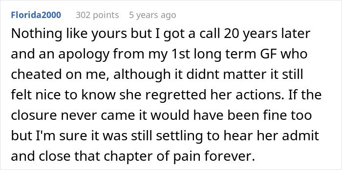 Screenshot of a Reddit comment about a man left without closure after fianc&eacute; disappears, hearing from her 16 years later.