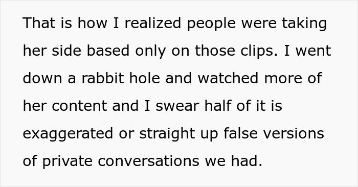 Text discussing a woman angry her sister built TikTok fame by sharing exaggerated or false private conversations.