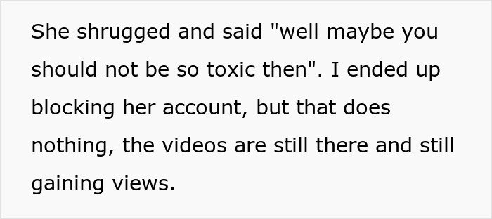 Text excerpt showing a woman upset her sister gained TikTok fame by lying while videos continue to gain views.