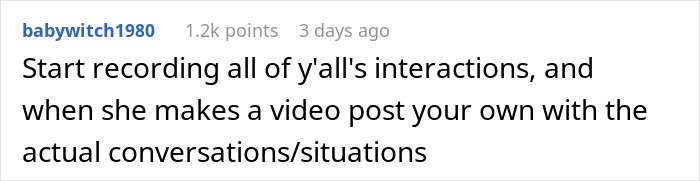 Comment suggesting to record interactions and respond with real conversations about TikTok fame built by lying about family.